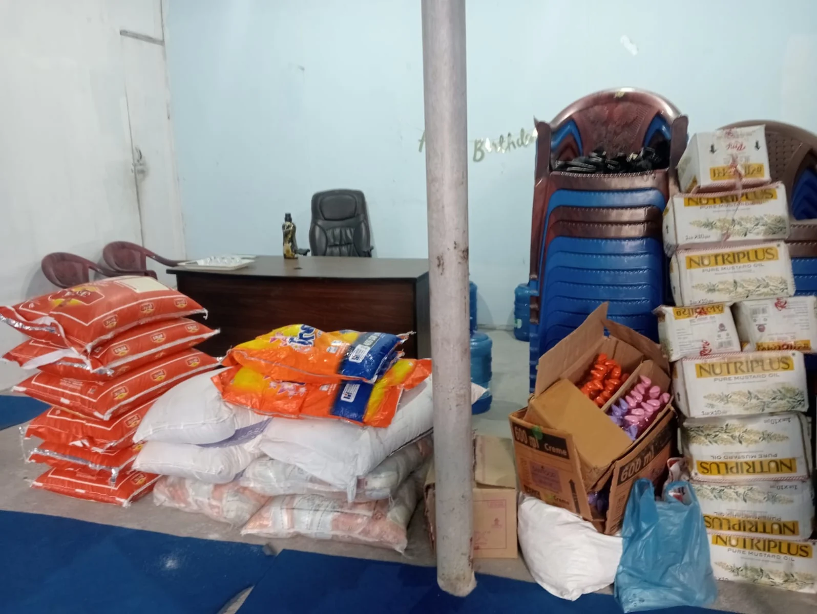 Bags, cartons and supplies arranged inside the preparation space